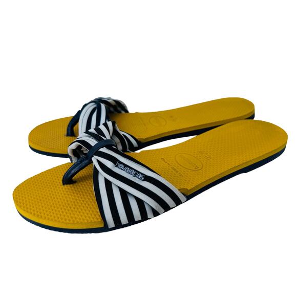 Havaianas Saint Tropez Flip Flop Sandals Stripe Strap Slip On Mustard Size 9/10W - Picture 1 of 7